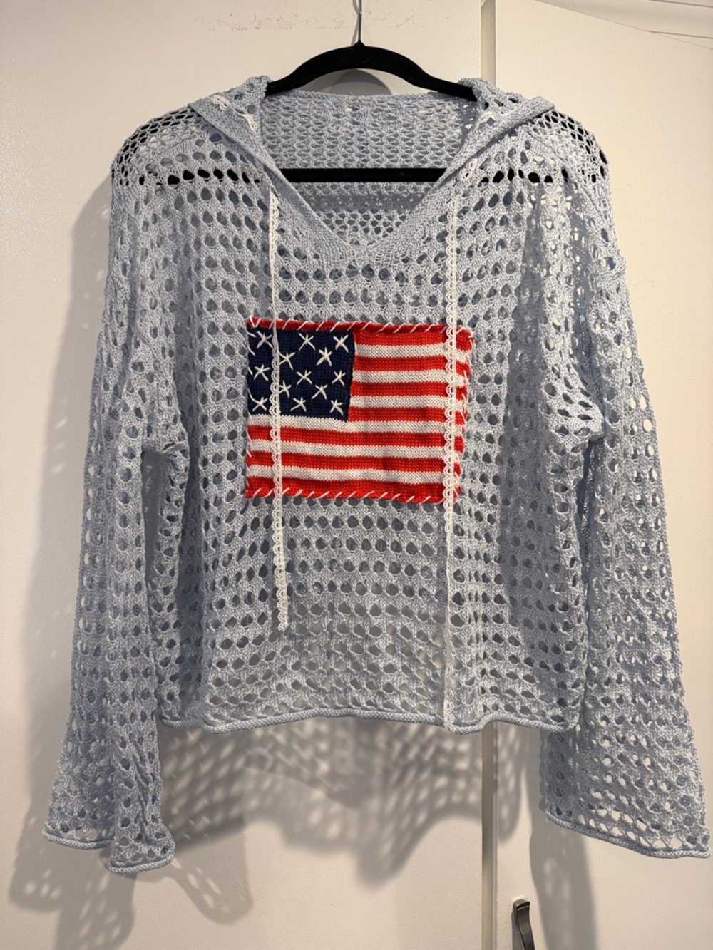 Light Blue Crochet Hoodie with American Flag Patch
